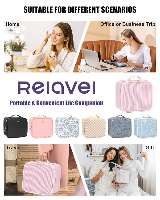 Relavel Travel Makeup Bag With LED Mirror, Portable Cosmetic Bag Organizer with Adjustable Brightness in 3 Color Scenarios, Small Cute Train Case with Detachable Dividers for Trip- Pink Strip