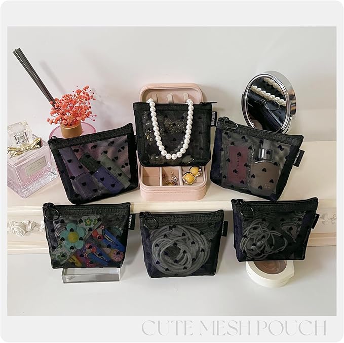 Mini Heart Makeup Bag Set, Zipper Mesh Cosmetic Bags for Women, Lipstick Cosmetic Organizer Bag, Travel Pouch (Black-6pcs)
