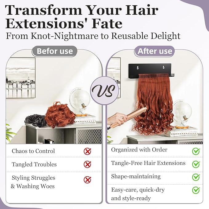Hair Extension Hanger - Black Holder for Styling, Washing, Drying, Braiding, Display Rack for Clip-in, Wefts, Tape, Bundles, Hair Topper, Organizer/Storage