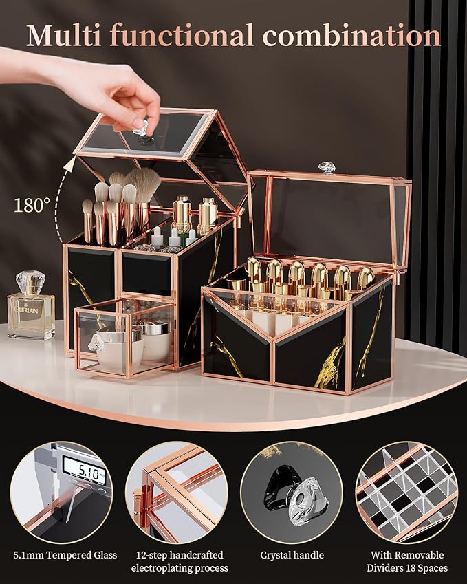 black makeup organizer – Vanity Holder with 18-Slot Lipstick Organizer & Covered Makeup Brush Holder – Skincare, Perfume & Cosmetic Display for Bathroom or Dresser