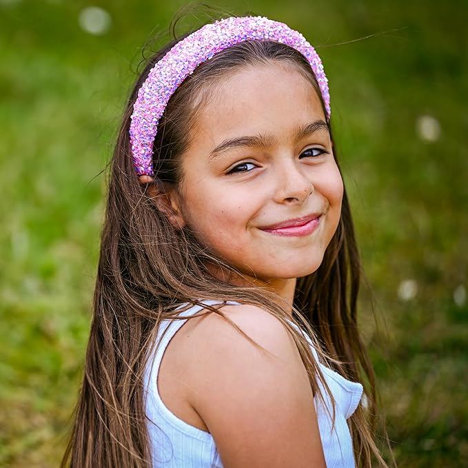 FROG SAC Sequin Headband for Girls, Sparkly Puffy Hair Band for Kids, Padded Toddler Head Bands, Sparkle Girl Hair Accessories (Pink, Child)