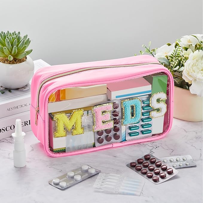 Geetery Medicine Bag Chenille Patch Meds Bags Portable Makeup Cases Preppy Patch with Zipper Cosmetic Travel Toiletry Storage for Women(Pink,Delicate Meds)
