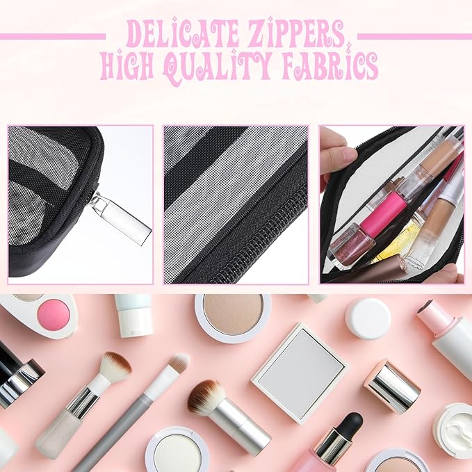 8.3 X 4 Inch 2 PCS Mesh Makeup Brush Bag Clear Travel Makeup Brush Holder Portable Mesh Travel Toiletry Bag with Zipper, Transparent Makeup Brush Storage Bag Cosmetics Brushes Organizer (Black)