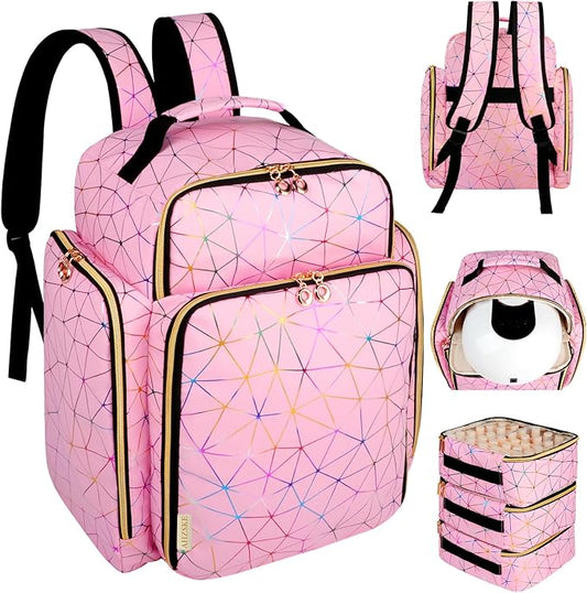 AHZSKE Nail Polish Organizer Backpack Holds 126 Bottles& Nail Lamp, Extra Large Nail Kit Supplies Organizer Bag with 3 Removable Cases, Portable Nail Organizers and Storage for Trave (PU Leather Pink)