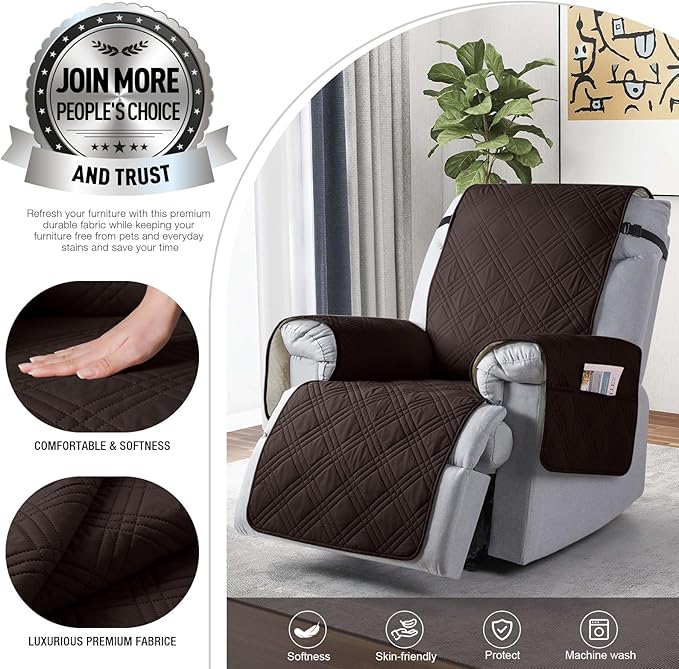 TAOCOCO Waterproof Recliner Chair Covers 30 Inch Wide, Oversized Recliner Covers for Recliner Chair with Pocket, Recliner Slipcovers with Straps Furniture Protector for Kids Pets (30'', Coffee)