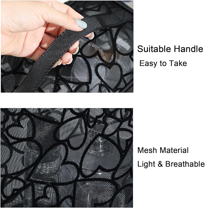 3-Piece Mesh Makeup Bag Set Flocking Heart Printed, Portable Travel Mesh Cosmetic Bags Toiletry Bags Makeup Purse Bags Five-pointed star zipper pull Storage Pouches, for Home Travel