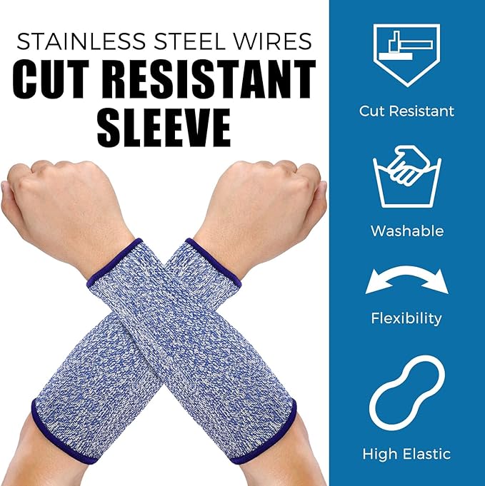 2 Pairs Cut Resistant Sleeve Arm Protection Level 5 Protection Safety Protective Sleeves Arm Protectors for Men Women(8.6 x 3.7 Inches,Blue, Gray)