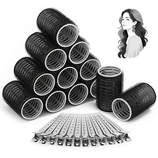 Hair Curlers Rollers, 12Pcs Hair Rollers Hair Curlers Self Grip Holding Rollers with 12 Pcs Hair Clips for Long Medium Short Thick Fine Thin Hair Bangs Volume