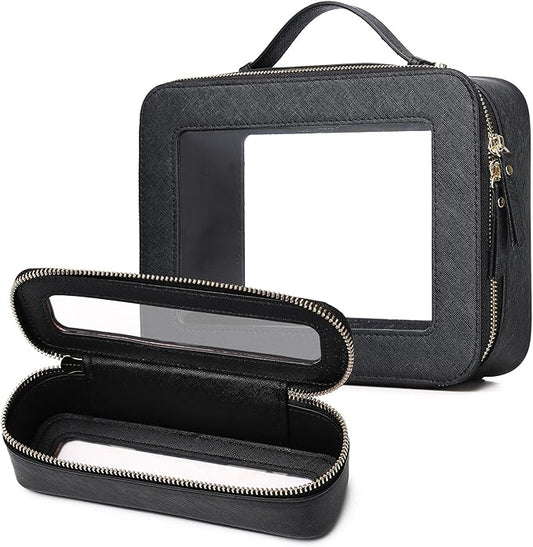 Travel Makeup Bag with Brush Case Portable Transparent Cosmetic Bag and Toiletry Bag Waterproof Makeup Organizer with Zipper Car Essential for Women (Black, L+Slim)