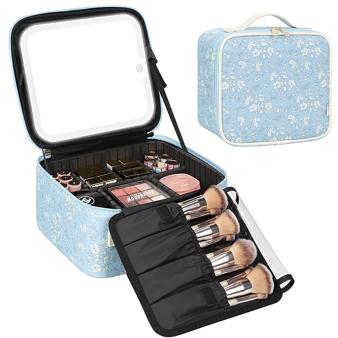 Relavel Travel Makeup Bag With LED Mirror for Women, Cosmetic Organizer Bag with Adjustable Brightness in 3 Color Scenarios, Detachable Dividers, Waterproof Train Case for Daily - White Flower