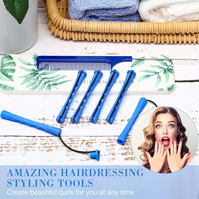 WILLBOND 96 Pcs Hair Perm Rods Plastic Cold Wave Perming Rod for Short Long Hair Curlers Heatless Roller with 2 Steel Pintail Rat Tail Comb for Hairdressing Styling Tool(0.35 Inch/ 0.9 cm,Blue)