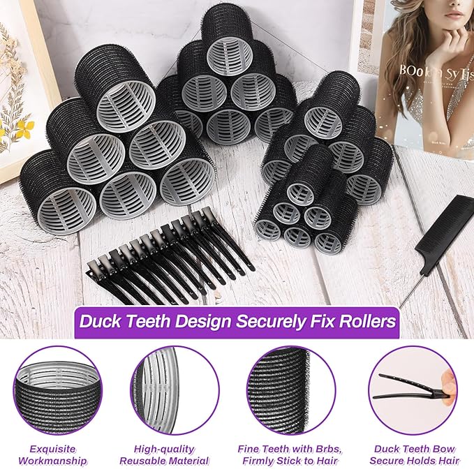 50 Pcs Rollers Hair Curlers Set with 24Pcs Self Grip Hair Rollers 4 Sizes and 24 Pcs Clips for Blowout Look Long Medium Short Thick Hair Volume