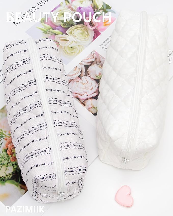 PAZIMIIK Vintage Quilted Makeup Bag Cosmetic Pouch for Brushes Pencils and Travel Make Up Accessories for Women and Girls White
