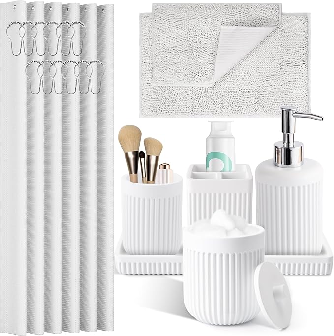 XLHOMO 8-Piece White Bathroom Set - Resin Bathroom Accessories Sets Complete with Shower Curtain and Rugs, Soap Dispenser, Toothbrush Holder, Cup, Tray & Cotton Swab Jars