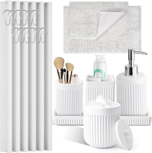 XLHOMO 8-Piece White Bathroom Set - Resin Bathroom Accessories Sets Complete with Shower Curtain and Rugs, Soap Dispenser, Toothbrush Holder, Cup, Tray & Cotton Swab Jars