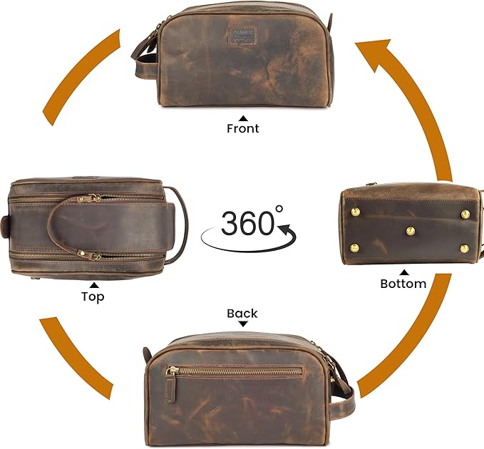LEATHER VILLAGE Genuine Leather Toiletry Travel Pouch With Waterproof Lining - Brown | King-Size Handcrafted Vintage Dopp Kit Bag, Shaving & Bathroom Organizer, Gift for Men & Women