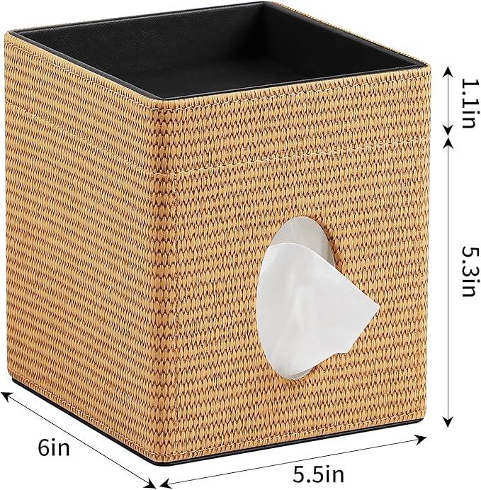Tissue Box Cover, PU Leather Square Tissue Box Holder with Storage Tray for Bathroom Vanity Countertop Night Stands Bedroom Office Desk, Stylish Tissue Holder Decorative Organizer (Yellow Rattan)