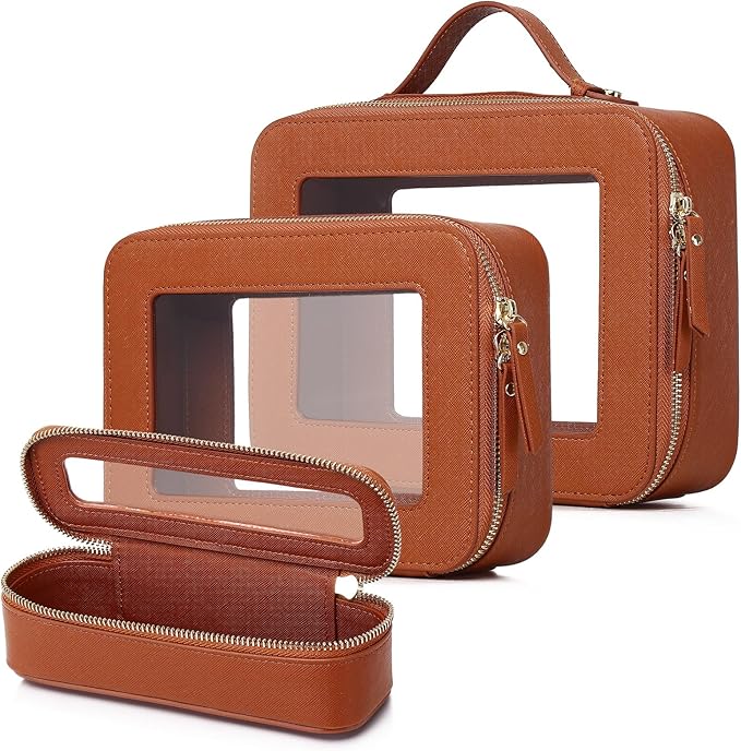 Travel Makeup Set Waterproof Transparent Cosmetic Bag and Toiletry Bag Makeup Brush case with Zipper Car Essentials for Women (Brown, L+M+SLIM)