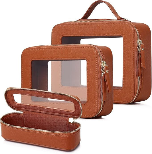 Travel Makeup Set Waterproof Transparent Cosmetic Bag and Toiletry Bag Makeup Brush case with Zipper Car Essentials for Women (Brown, L+M+SLIM)