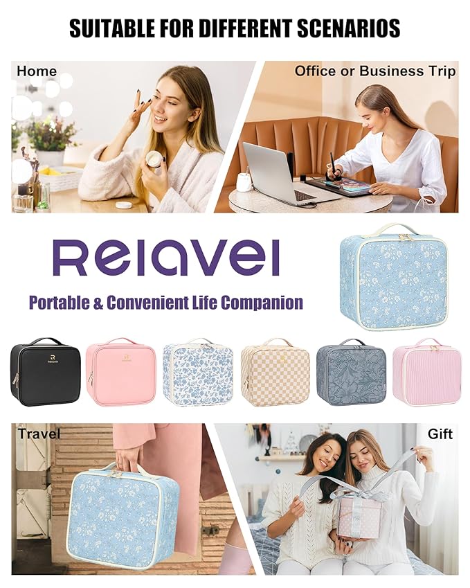 Relavel Travel Makeup Bag With LED Mirror for Women, Cosmetic Organizer Bag with Adjustable Brightness in 3 Color Scenarios, Detachable Dividers, Waterproof Train Case for Daily - White Flower