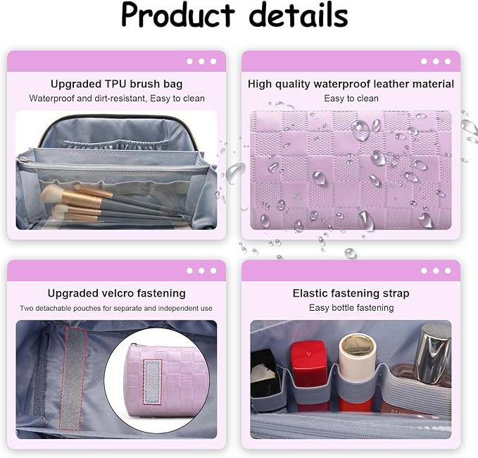BOYATU Travel Makeup Bag Organizer Cosmetic Bag: 3 Pcs Set Make up Bags for Women with Handle - Waterproof Vegan Leather Toiletry Bags Travel Essentials Pouch with Compartments (01-F-Purple)