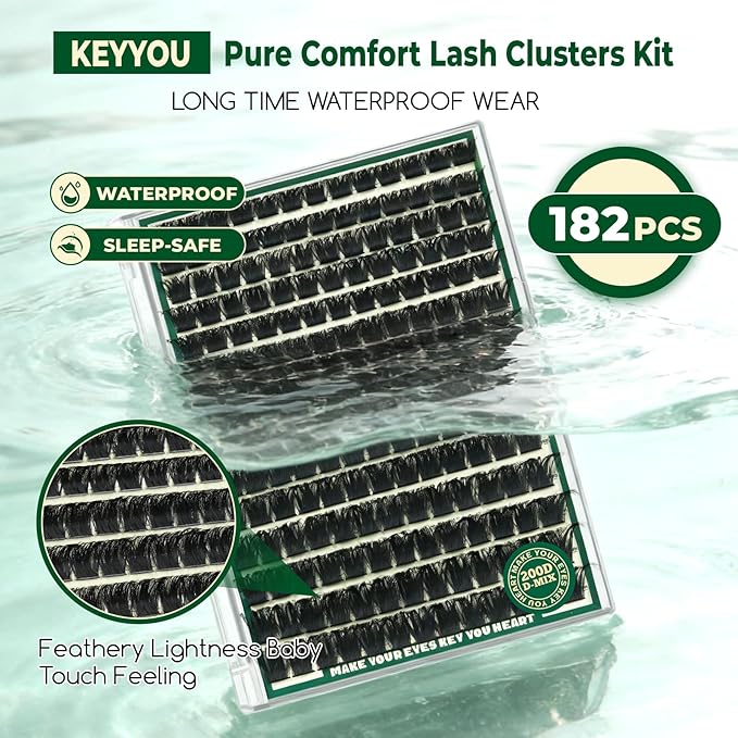 KEYYOU Lash Clusters Kit 182pcs Thick Volume Lash clusters 200D D Curl Wispy Easy to Apply with Lash Bond and Seal Lash Applicator Lash Remover Lash Extension Kit at Home(RMkit-200D-D-10-18mix)
