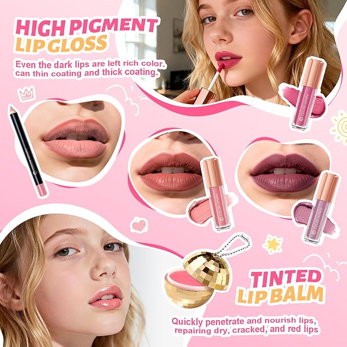 Color Nymph Girls Makeup Kit For Teen Girls with Storage Box, All In One Girl Makeup Sets for Women Full Kit with Eye shadow Blush Contour Highlighter Lipgloss Lipliner Eyeliner Lip Balm and Mirror