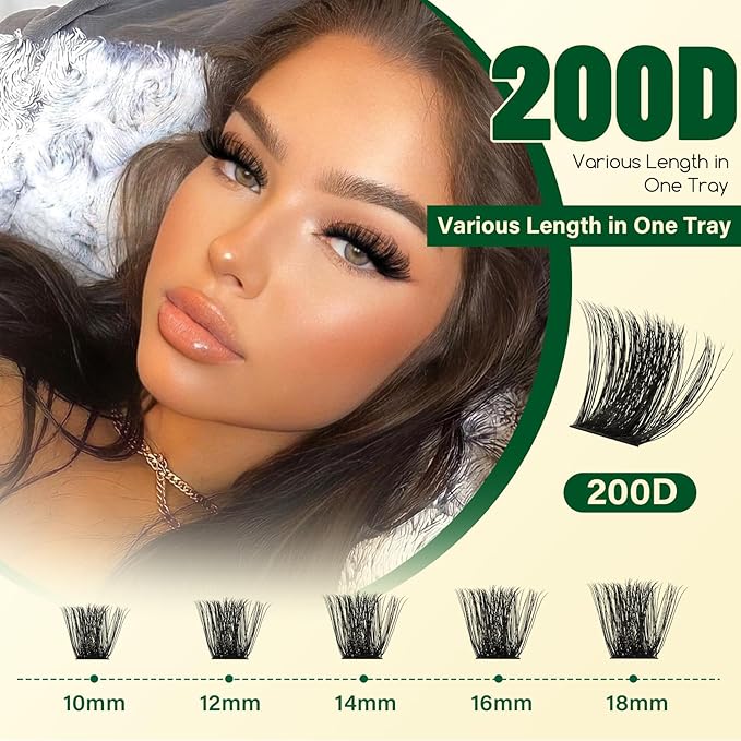 KEYYOU Lash Clusters Kit 182pcs Thick Volume Lash clusters 200D D Curl Wispy Easy to Apply with Lash Bond and Seal Lash Applicator Lash Remover Lash Extension Kit at Home(RMkit-200D-D-10-18mix)