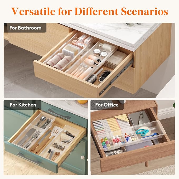 Lifewit 3 Pack Sliding Makeup Drawer Organizer Trays with Inserts, Extendable Hanging Desk Drawer Divider, 14-23" Long/1.8" High Plastic Organizer Tray in Vanity/Bathroom/Office/Kitchen, Translucent