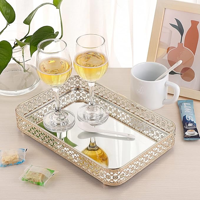 ELLDOO Perfume & Makeup Vanity Tray - Hollow-Carved Jewelry Storage, Glass & Metal Trinket Organizer for Dresser & Bathroom Countertop, Gold, Medium Size