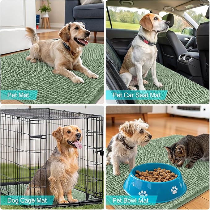 OLANLY Dog Door Mat for Muddy Paws 40x32, Absorbs Moisture and Dirt, Absorbent Non-Slip Washable Doormat, Quick Dry Chenille Mud Mat, Entry Indoor Entryway Carpet for Inside Floor, Olive Green