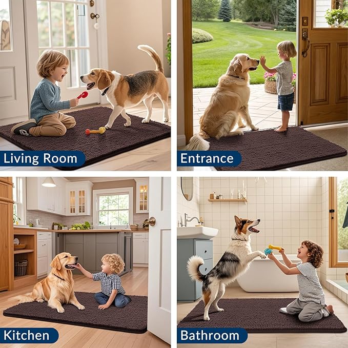 Smiry Dog Door Mat for Muddy Paws 70x24, Absorbs Moisture and Dirt Doormat, Non-Slip Washable Quick Dry Chenille Front Door Mat Indoor Entrance, Entryway Carpet for Inside Floor, Brown