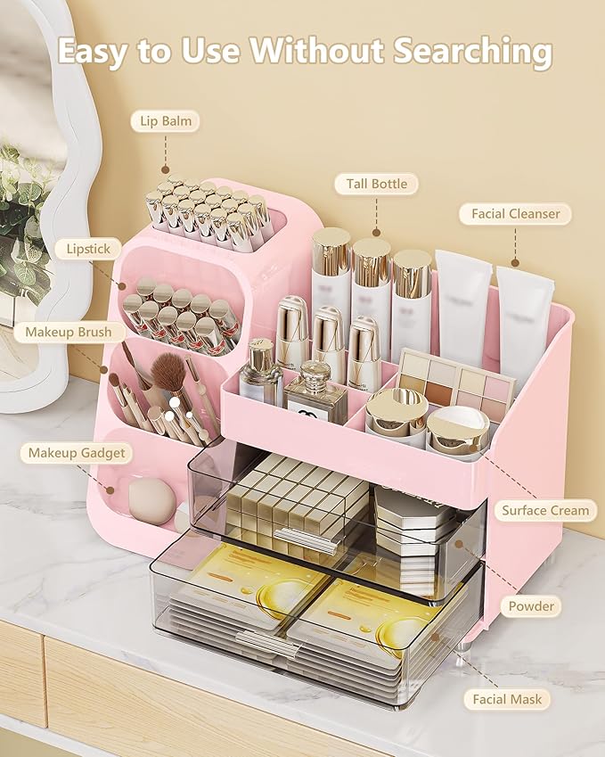 Anylady Makeup Organizer with Drawers, Skincare Organizer (Large Size Thick), Storage Box Cosmetic Display Cases, Make up Organizers for Vanity, Dresser, Desk, Kitchen, Countertop (Pink)