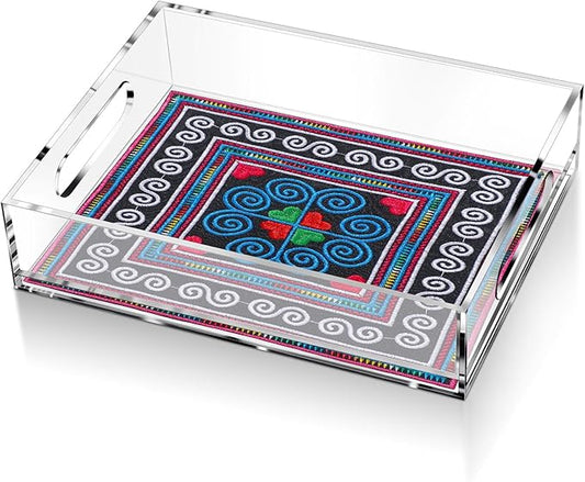 Acrylic Serving Tray with Handle Needlepoint Clear Decorative Tray Countertop Organizer for Home Bathroom Office (6.5"x 8.5")