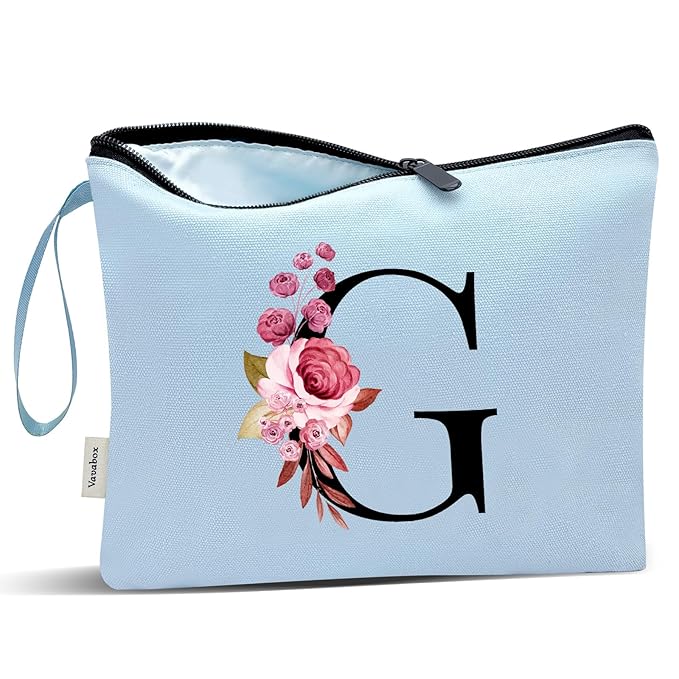 Vavabox A-Z Personalized Makeup Bag, Birthday Gifts for Women Mom, Gifts for Best Friend, Bride Bridesmaid Cosmetic bag (G, Blue)