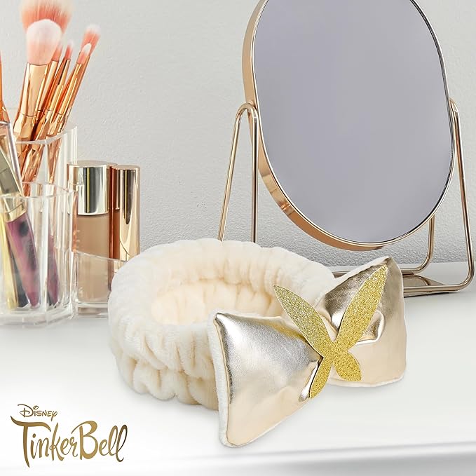 Disney Spa Headband, Soft, Plush, Adjustable, and Fun Hair Accessory for Skincare and Makeup Routines, Tinker Bell - Gold by Belle Maison