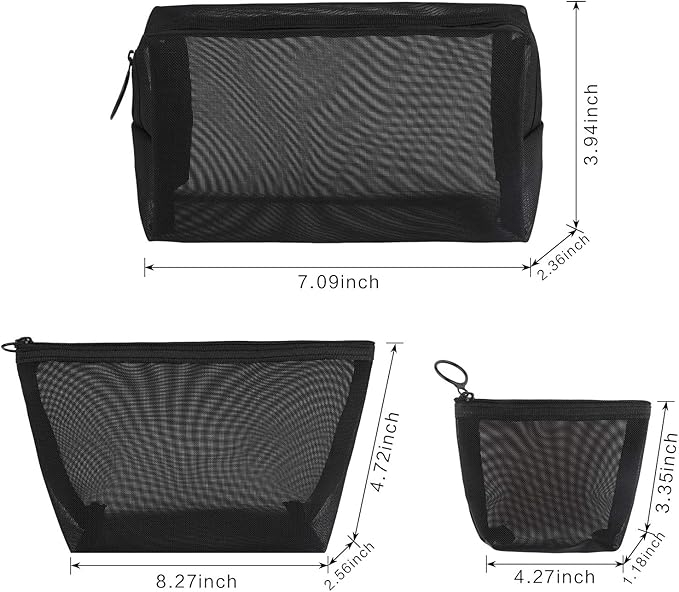 Boao 3 Piece Mesh Cosmetic Bag Mesh Makeup Bag with Zipper Pouch Travel Toiletry for Makeup Organizer Home Office Travel Accessories(Black)