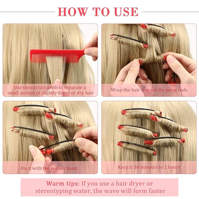 WILLBOND 60 Pcs Perm Rods for Short Long Hair Plastic Cold Wave Perming Curlers Small Hair Curling Rollers with Steel Pintail Rat Tail Kit for Women Hairdressing Styling Supplies(0.2 Inch,Red)