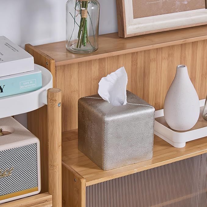 Silver Square Tissue Box Cover,Resin Heavy Sturdy Tissue Box Holder, Facial Paper Holder for Bathroom Vanity Countertop,Bedroom Night Stand,Office and End Table