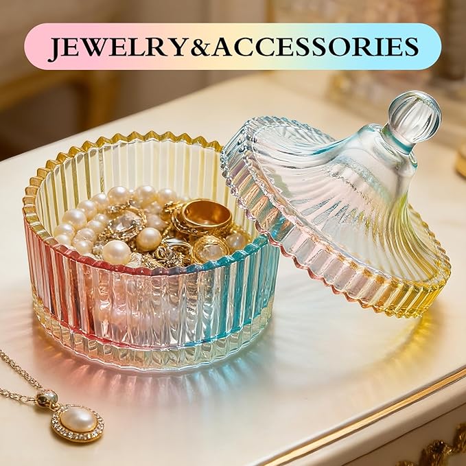 2 Piece Dusting Powder Container with Puff - Large Body Powder Puff and Container, Crystal Glass Powder Container with Puff Soft Velour Washable Reusable Face & Body Use (Colorful)