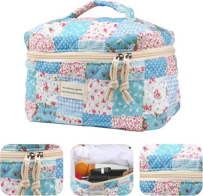 VIWIME Makeup Cosmetic Bag, Large Cotton Quilted Travel Coquette Aesthetic Cute Floral Make up Bag for Women Toiletry Bag Organizer (204- Gird Rose / 4Pcs)