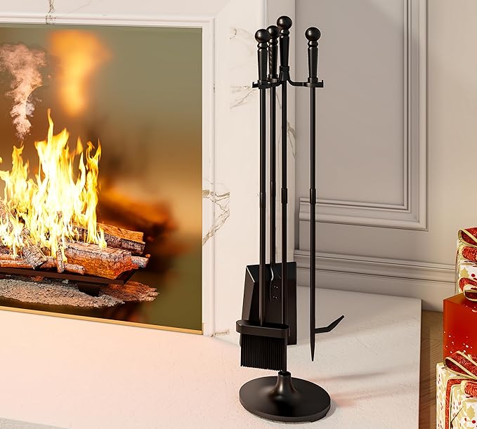 Fire Beauty Fireplace Tools Set 4 Pieces Black Wrought Iron Fire Tool Set for Outdoor/Indoor Include Poker, Shovel, Brush and Stand Accessories Set