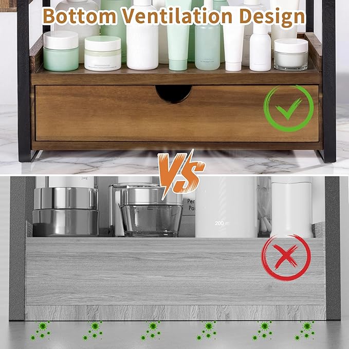 2-Tier Bathroom Counter Organizer with Drawer and Basket, Acacia Wood Countertop Organizer for Storage, Skincare Organizers for Vanity, Counter Shelf for Bathroom Organization(Acacia wood-Dark Brown)