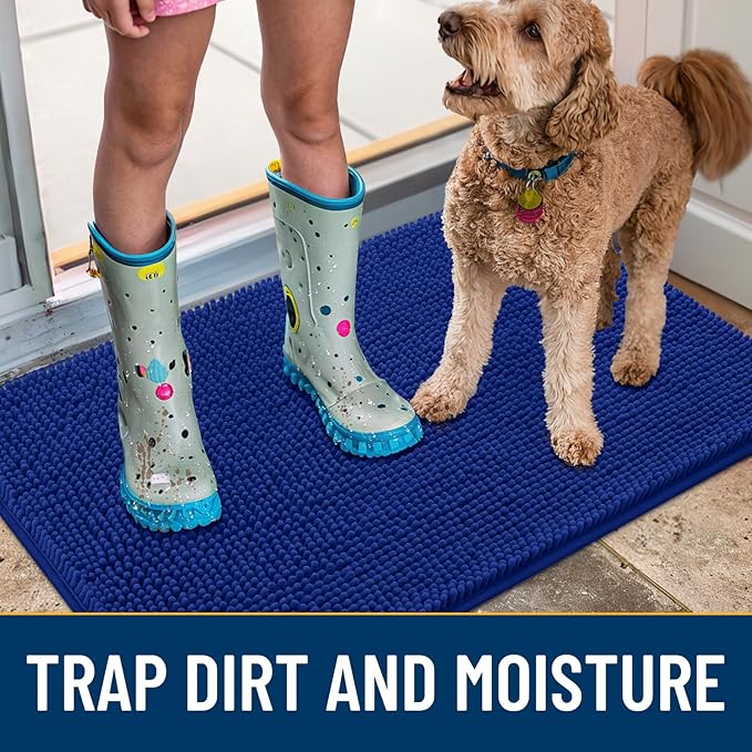 Smiry Dog Door Mat for Muddy Paws 47x24, Absorbs Moisture and Dirt Doormat, Non-Slip Washable Quick Dry Chenille Front Door Mat Indoor Entrance, Entryway Carpet for Inside Floor, Royal Blue