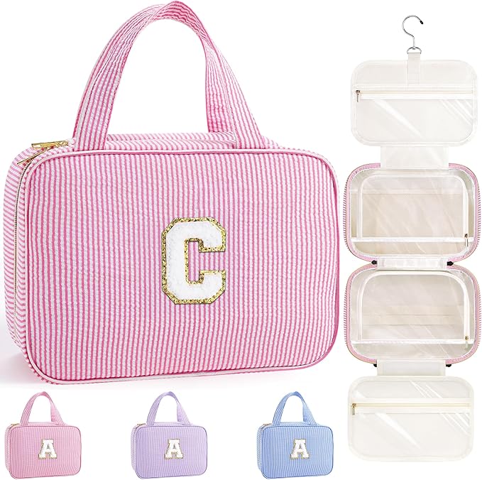TOPEAST Gifts for Teen Girls Kids - Travel Hanging Toiletry Bag, Personalized Initial Toiletry Pouch, Gifts for Mom Daughter Sister Friends, Letter C, Pink