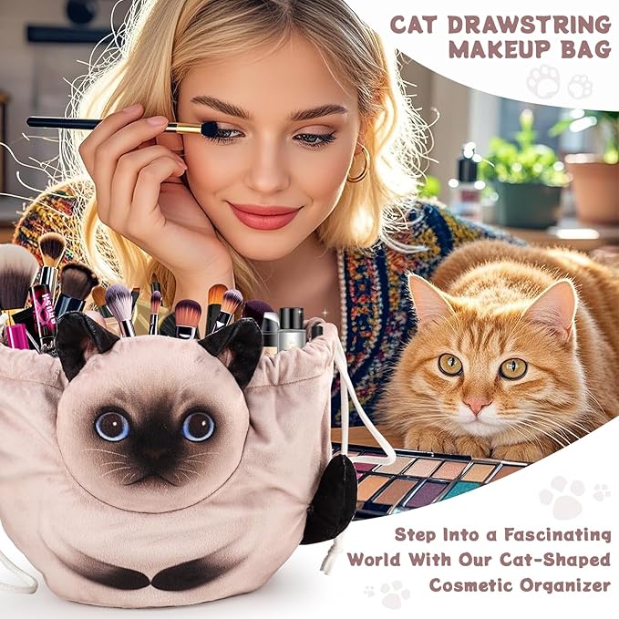 Drawstring Makeup Bag - Travel Organizer, Cosmetic Pouch, Cat Gift for Women, Lay Flat Bag for Cat Lovers
