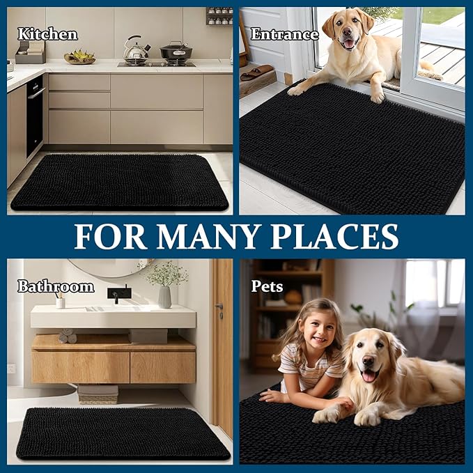 OLANLY Dog Door Mat for Muddy Paws 70x24, Absorbs Moisture and Dirt, Absorbent Non-Slip Washable Doormat, Quick Dry Chenille Mud Mat for Dogs, Entry Indoor Entryway Carpet for Inside Floor, Black