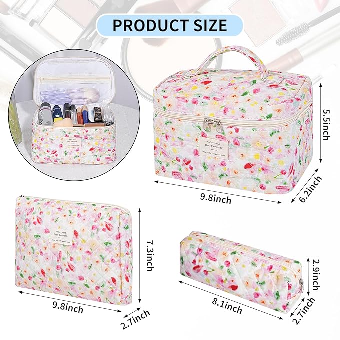 senbowe Floral Makeup Bag, 3 Pack Large Cotton Quilted Makeup Bag Set, Cute Floral Coquette Aesthetic Toiletry Bag Make Up Cosmetic Bag for Women, Toiletry Travel Make Up Organizer Bag