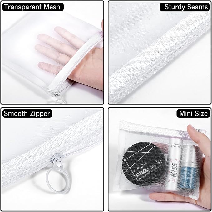 8 Pack Mini Zipper Mesh Makeup Bags, Nylon Cosmetic Bags Toiletry Purse Travel Organizer Bags Inside Bag for Office Travel Organization (White, M)