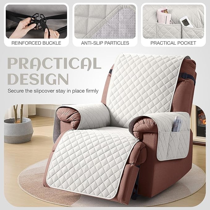 KinCam 100% Waterproof Recliner Chair Cover, Reclining Couch Covers for Pets, Dogs, Recliner Couch Slipcover Furniture Protector with Elastic Straps for Kids(23.6", Beige White)